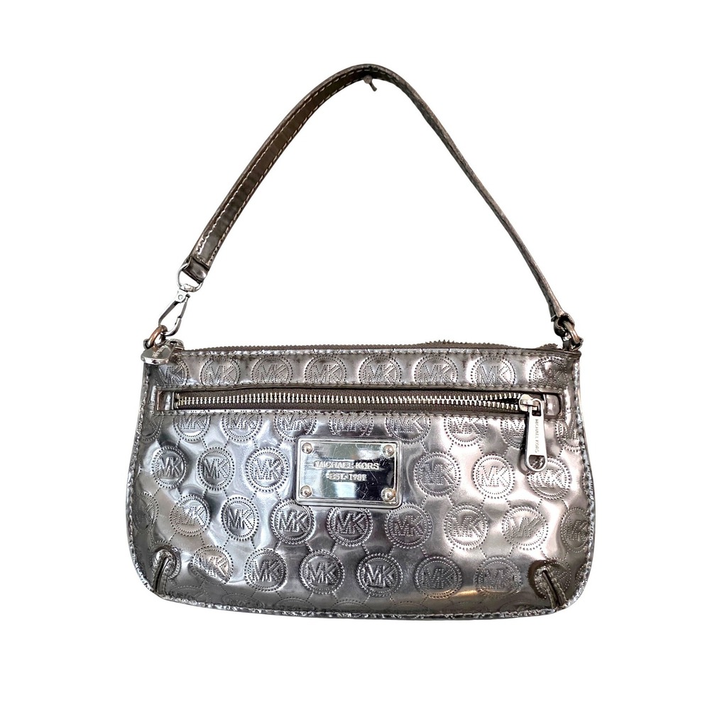 Michael‎ Kors Silver Metallic MK Logo Clutch Wristlet Shoulder Bag